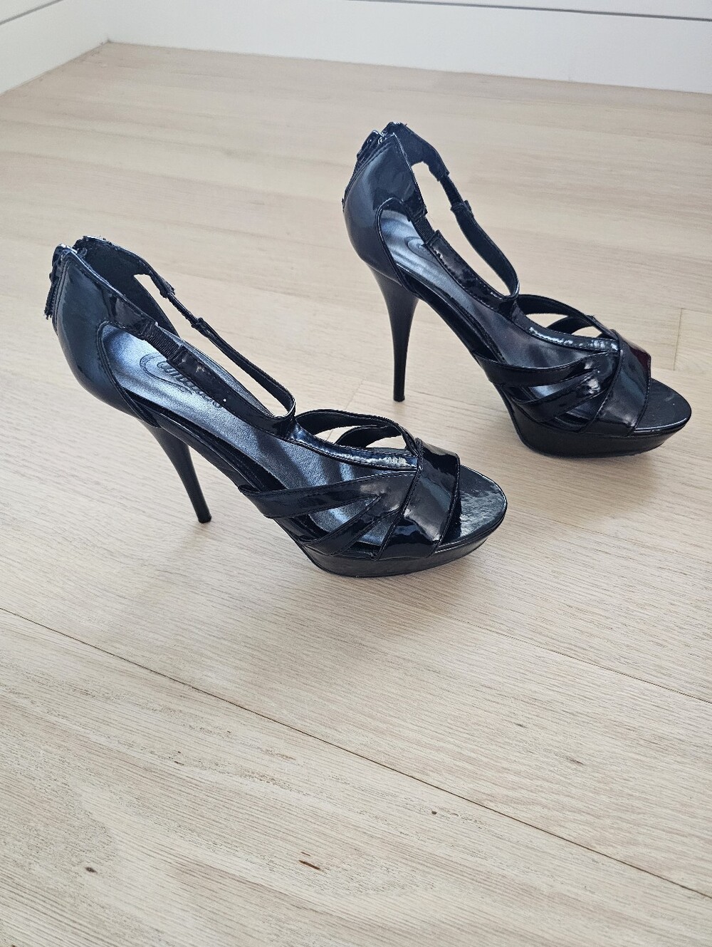 Candie's Black Patent High Heel Sandals with Strappy Detail